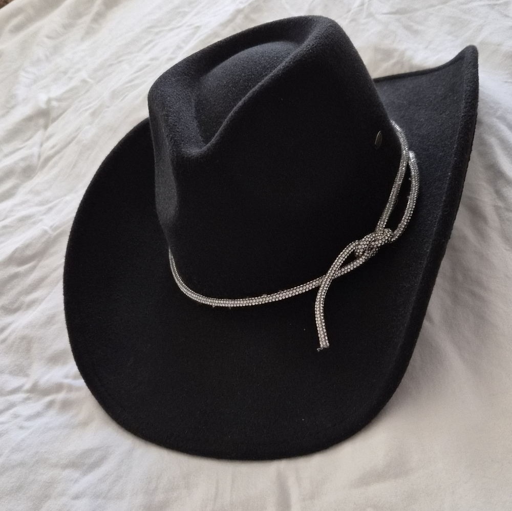 C.C Black Polyester Western Cowgirl Hat w/ Rhinestone Tie One Size Adjustable